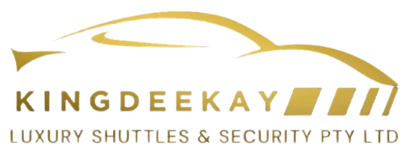 Logo of Kingdeekay Luxury Shuttles & Security Pty Ltd with a gold car silhouette on a white background.